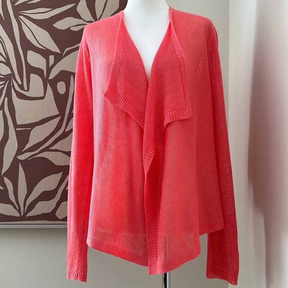 Eileen Fisher Draped Waterfall Linen Open Front Cardigan Coral